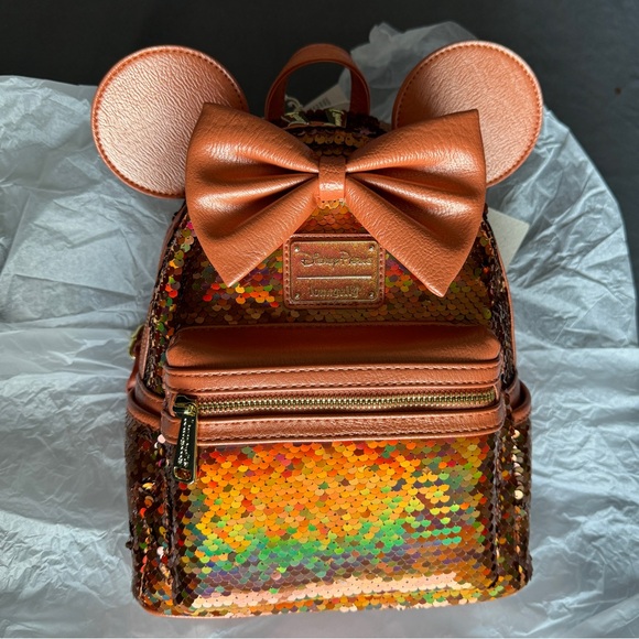 Loungefly Disney Minnie Mouse Orange Peach Punch Sequined Mini Backpack - Picture 2 of 7